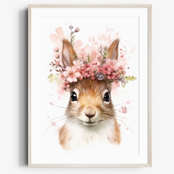 Other - Watercolor Floral Squirrel Portrait Wall Art Illustration Print Poster Unframed